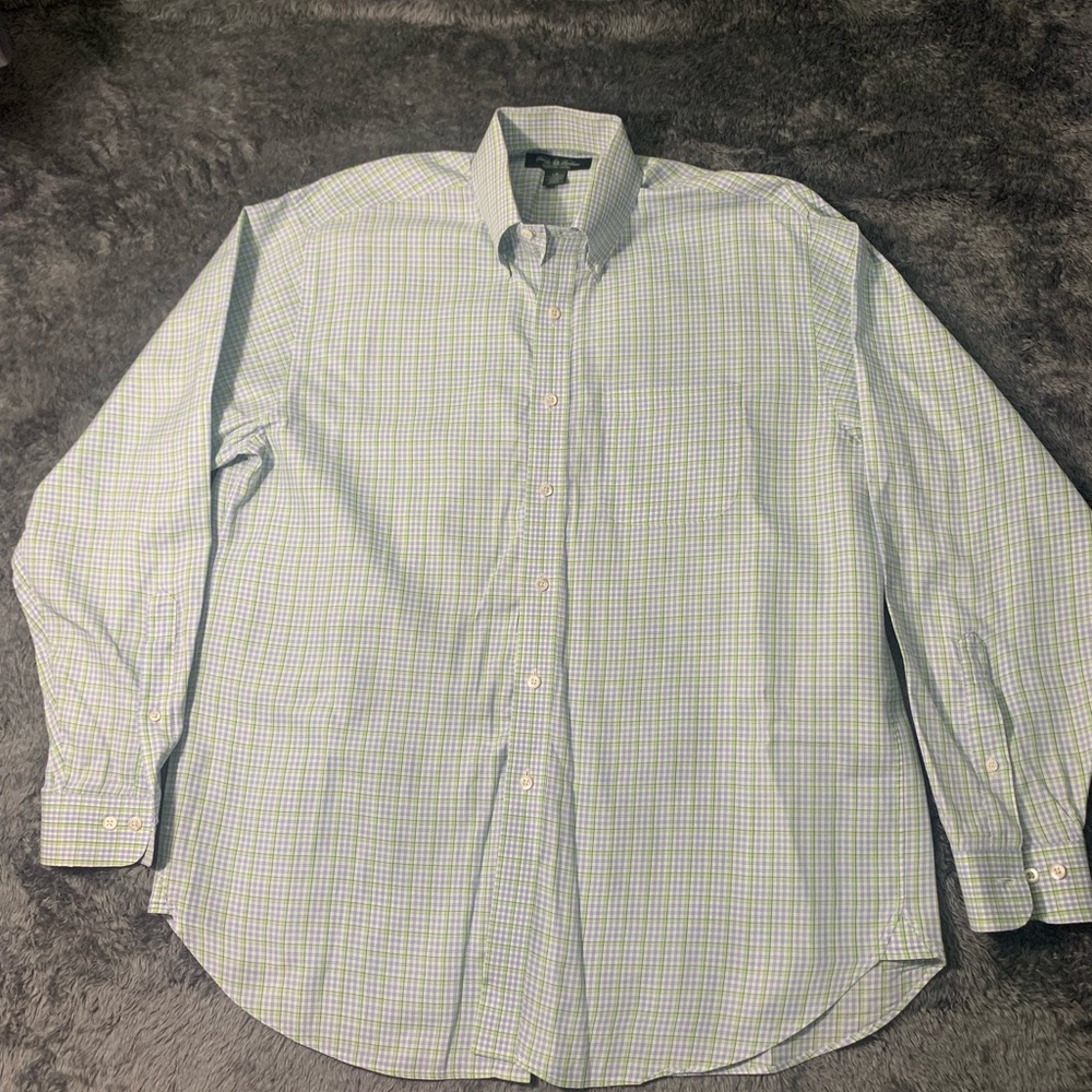 Brooks Light Blue and Green Plaid Casual Shirt